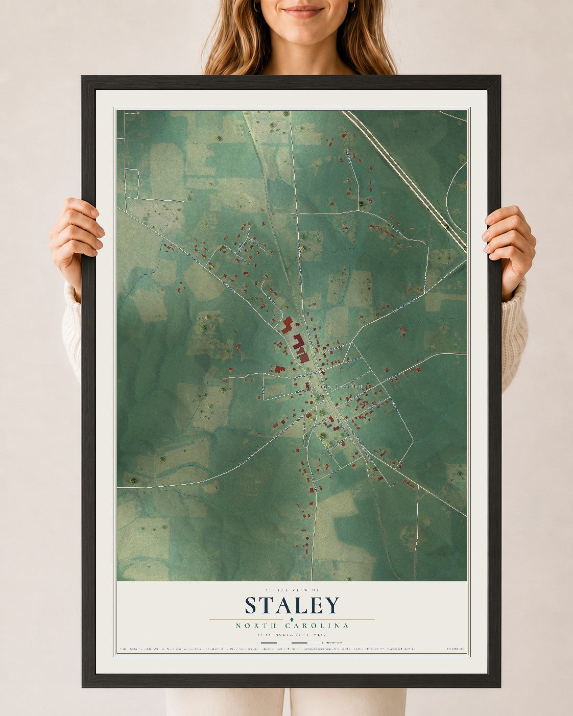 Map of Staley, North Carolina, 24 x 36 inch print in a black wood frame