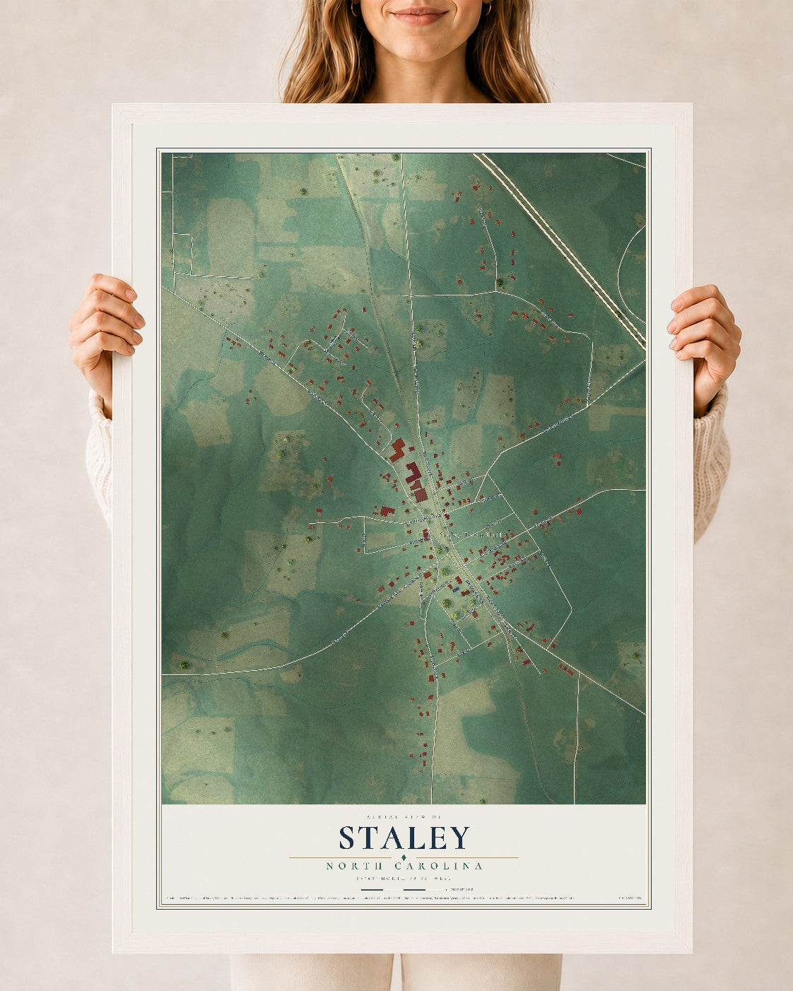 Map of Staley, North Carolina, 24 x 36 inch print in a white wood frame