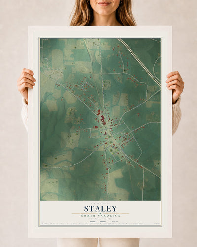 Map of Staley, North Carolina, 24 x 36 inch print in a white wood frame