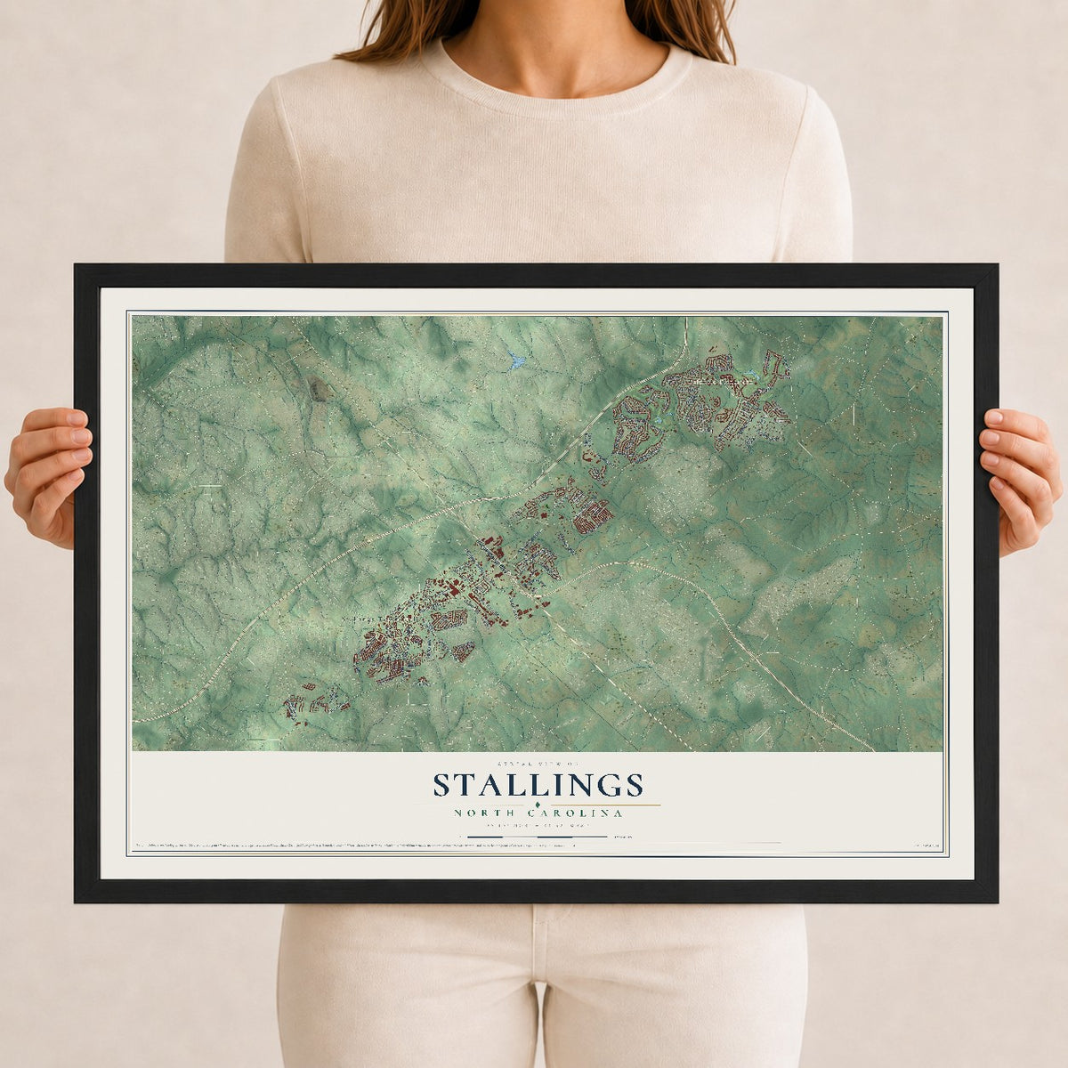 Map of Stallings, North Carolina, 12 x 18 inch print in a black wood frame