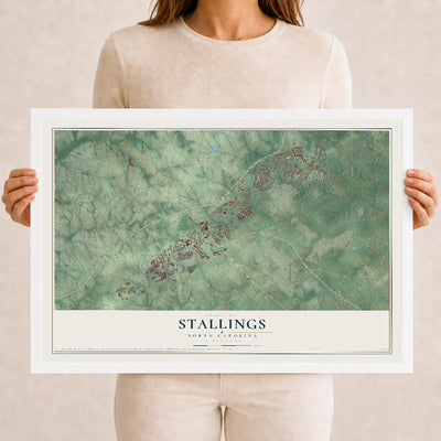 Map of Stallings, North Carolina, 12 x 18 inch print in a white wood frame