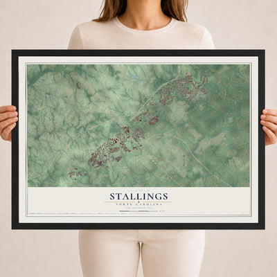 Map of Stallings, North Carolina, 18 x 24 inch print in a black wood frame