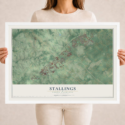 Map of Stallings, North Carolina, 18 x 24 inch print in a white wood frame
