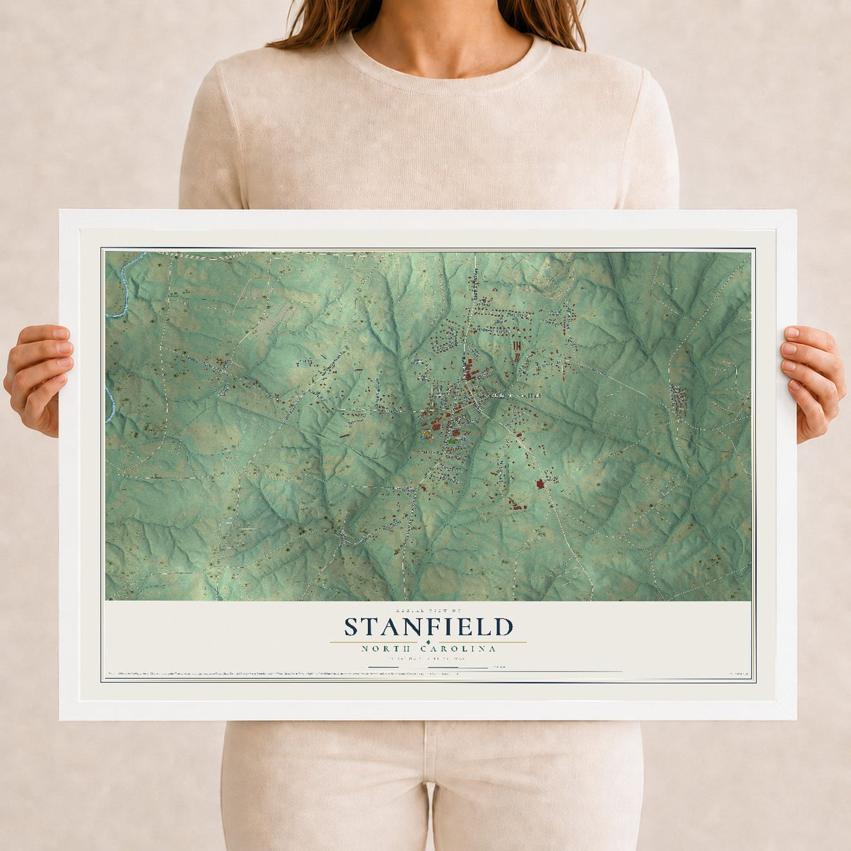 Map of Stanfield, North Carolina, 12 x 18 inch print in a white wood frame