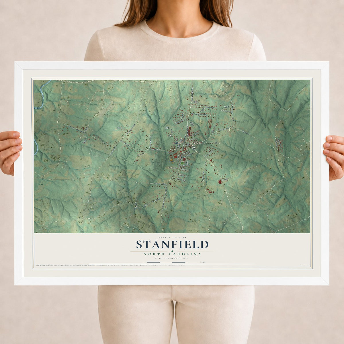Map of Stanfield, North Carolina, 18 x 24 inch print in a white wood frame