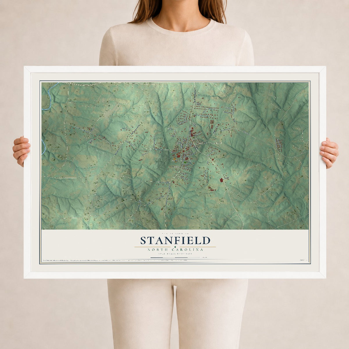 Map of Stanfield, North Carolina, 24 x 36 inch print in a white wood frame