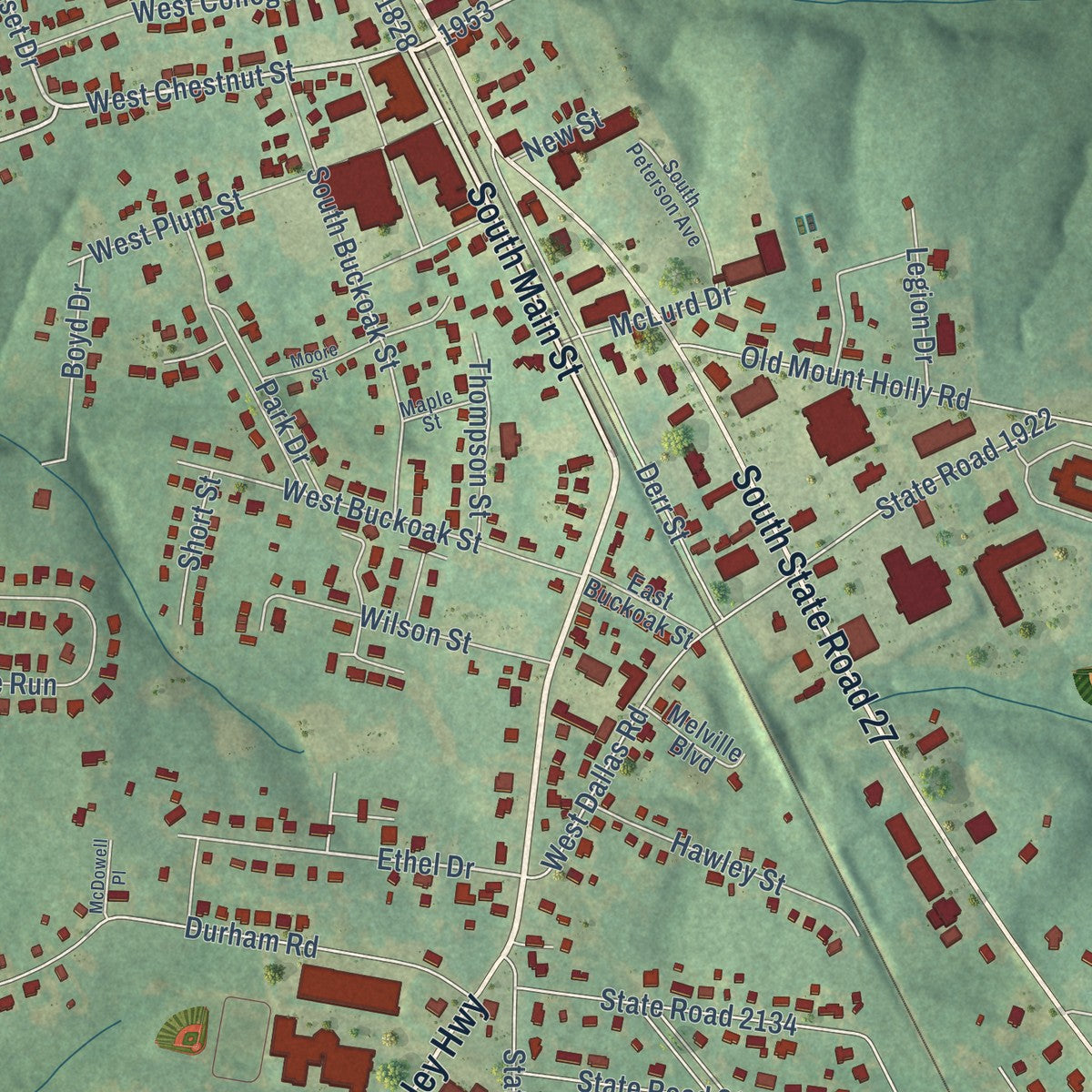 Close-up of the map of Stanley, North Carolina print showing street and building detail