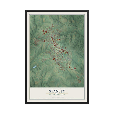 Map of Stanley, North Carolina, 12 x 18 inch print in a black wood frame