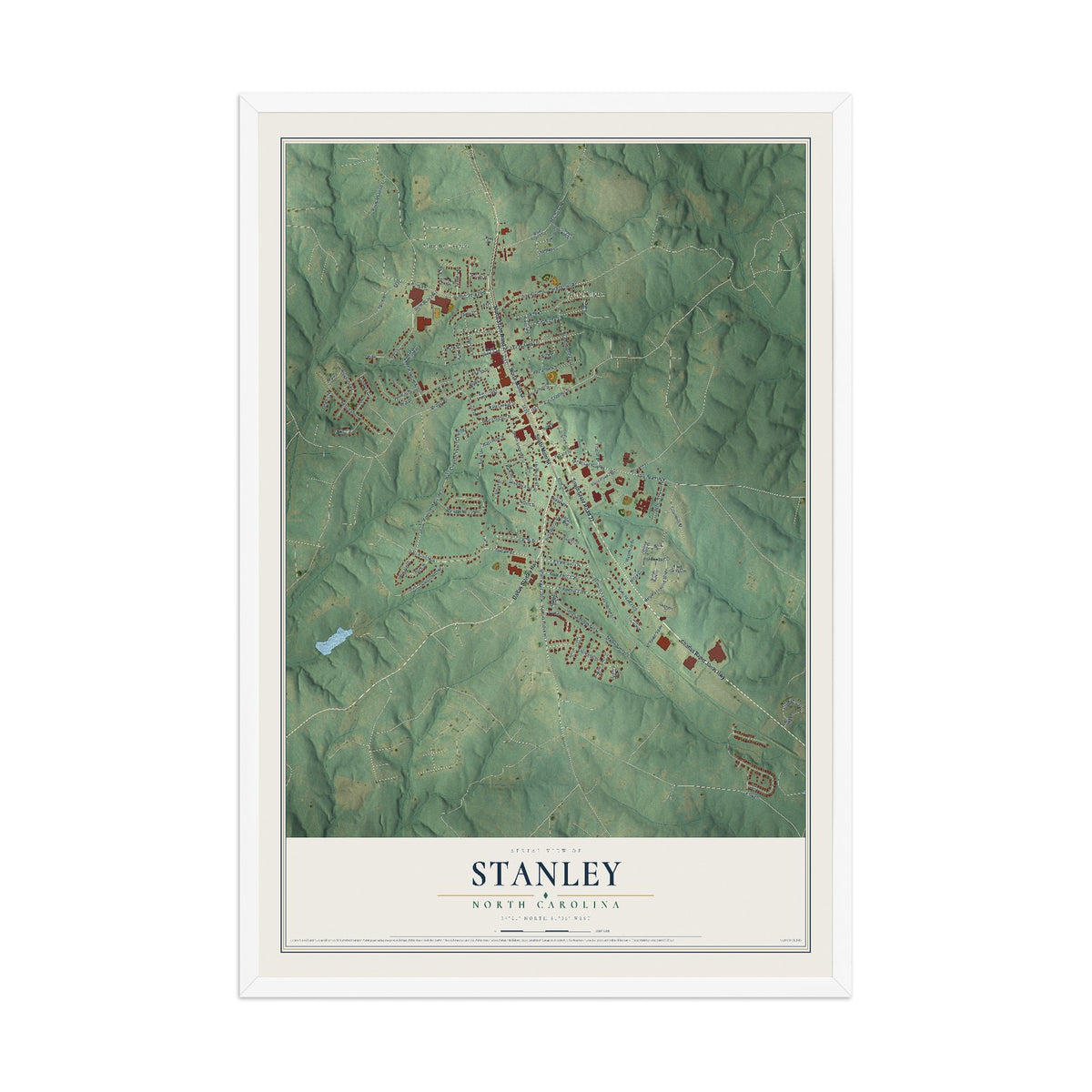 Map of Stanley, North Carolina, 12 x 18 inch print in a white wood frame