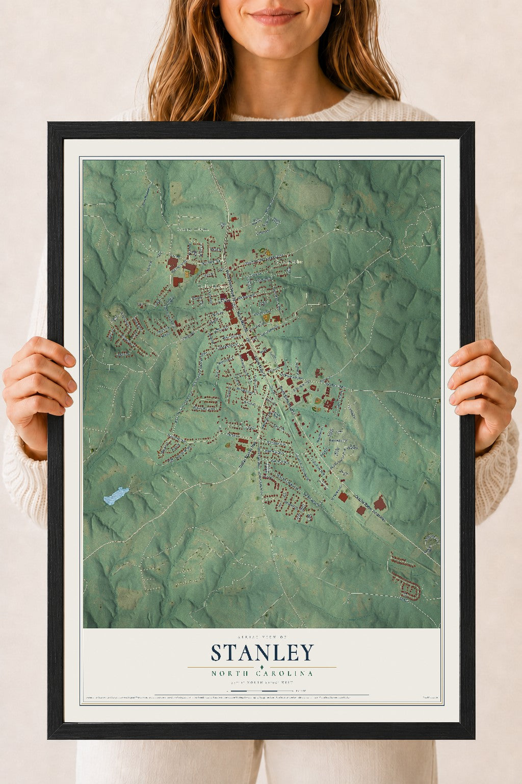 Map of Stanley, North Carolina, 18 x 24 inch print in a black wood frame