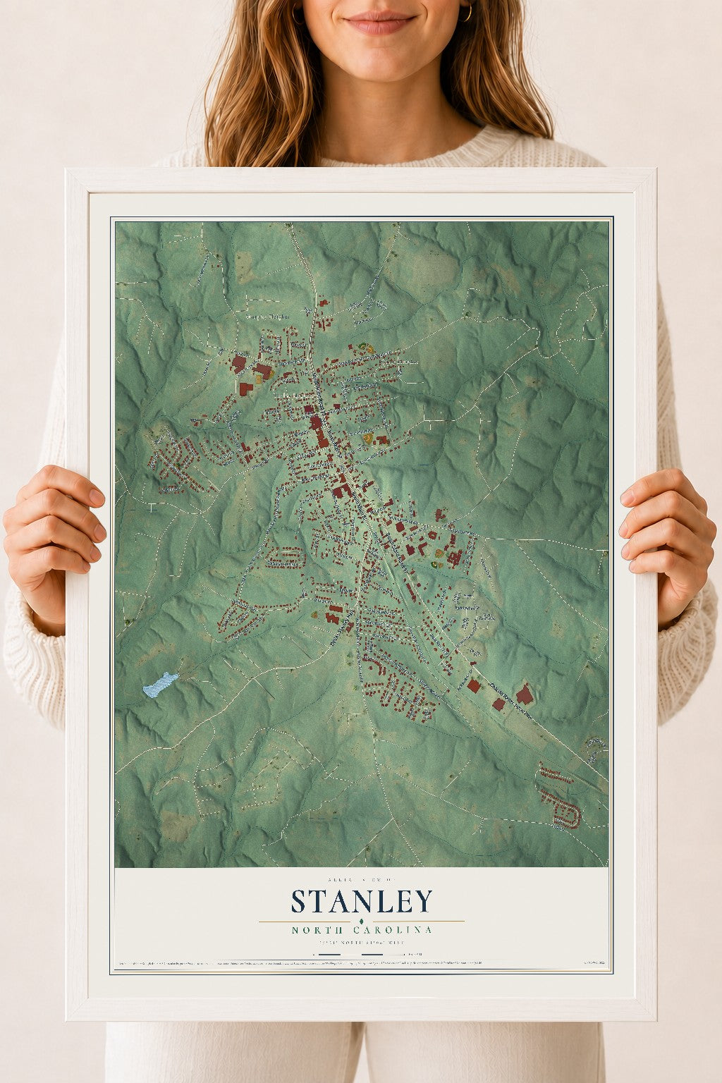 Map of Stanley, North Carolina, 18 x 24 inch print in a white wood frame