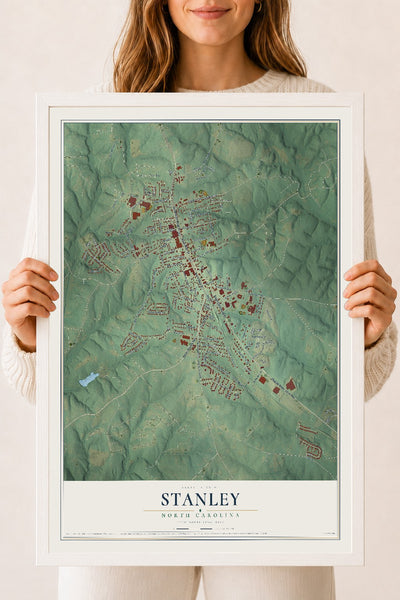 Map of Stanley, North Carolina, 18 x 24 inch print in a white wood frame