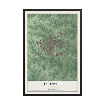 Map of Statesville, North Carolina, 12 x 18 inch print in a black wood frame
