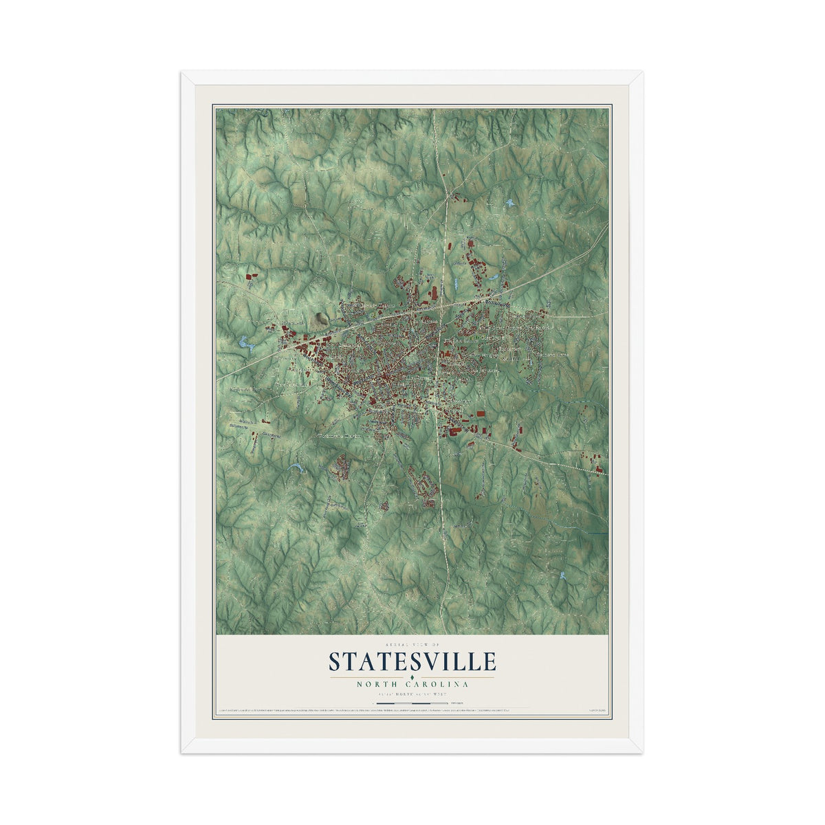 Map of Statesville, North Carolina, 12 x 18 inch print in a white wood frame