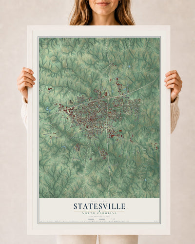 Map of Statesville, North Carolina, 24 x 36 inch print in a white wood frame