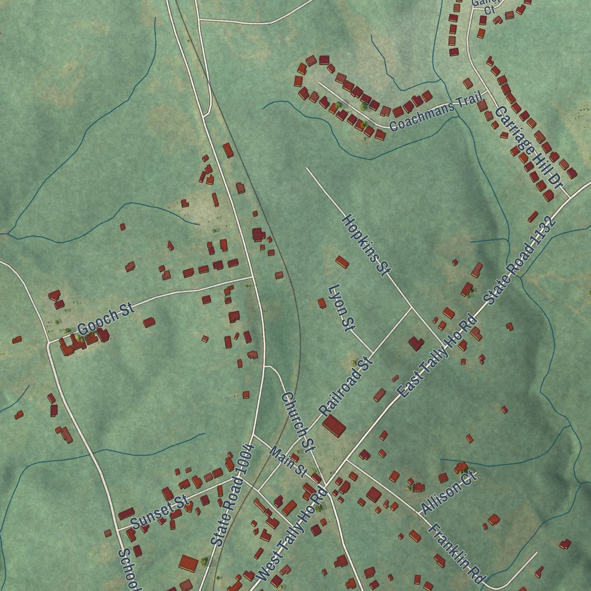 Close-up of the map of Stem, North Carolina print showing street and building detail