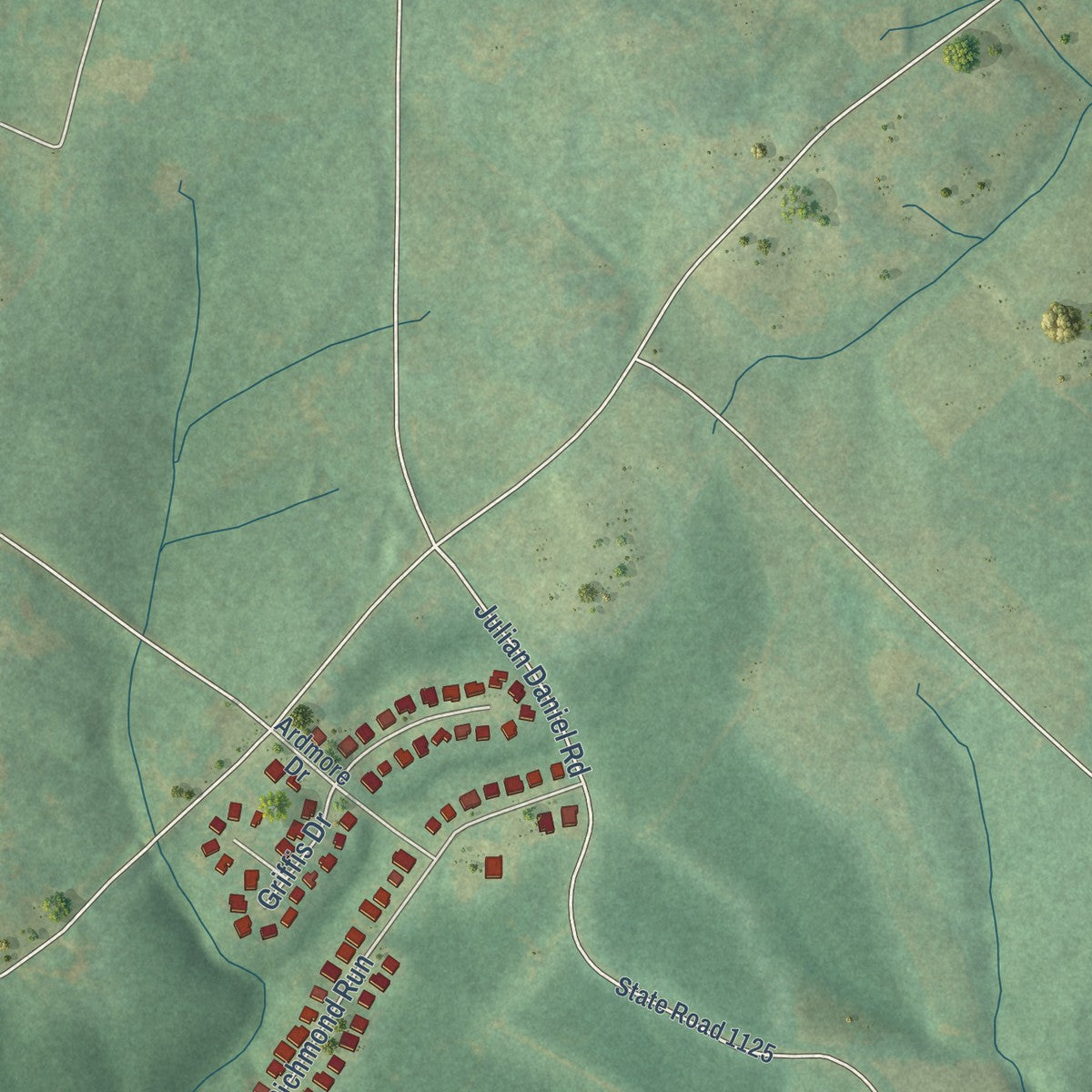 Second close-up of the map of Stem, North Carolina print showing more streets and buildings