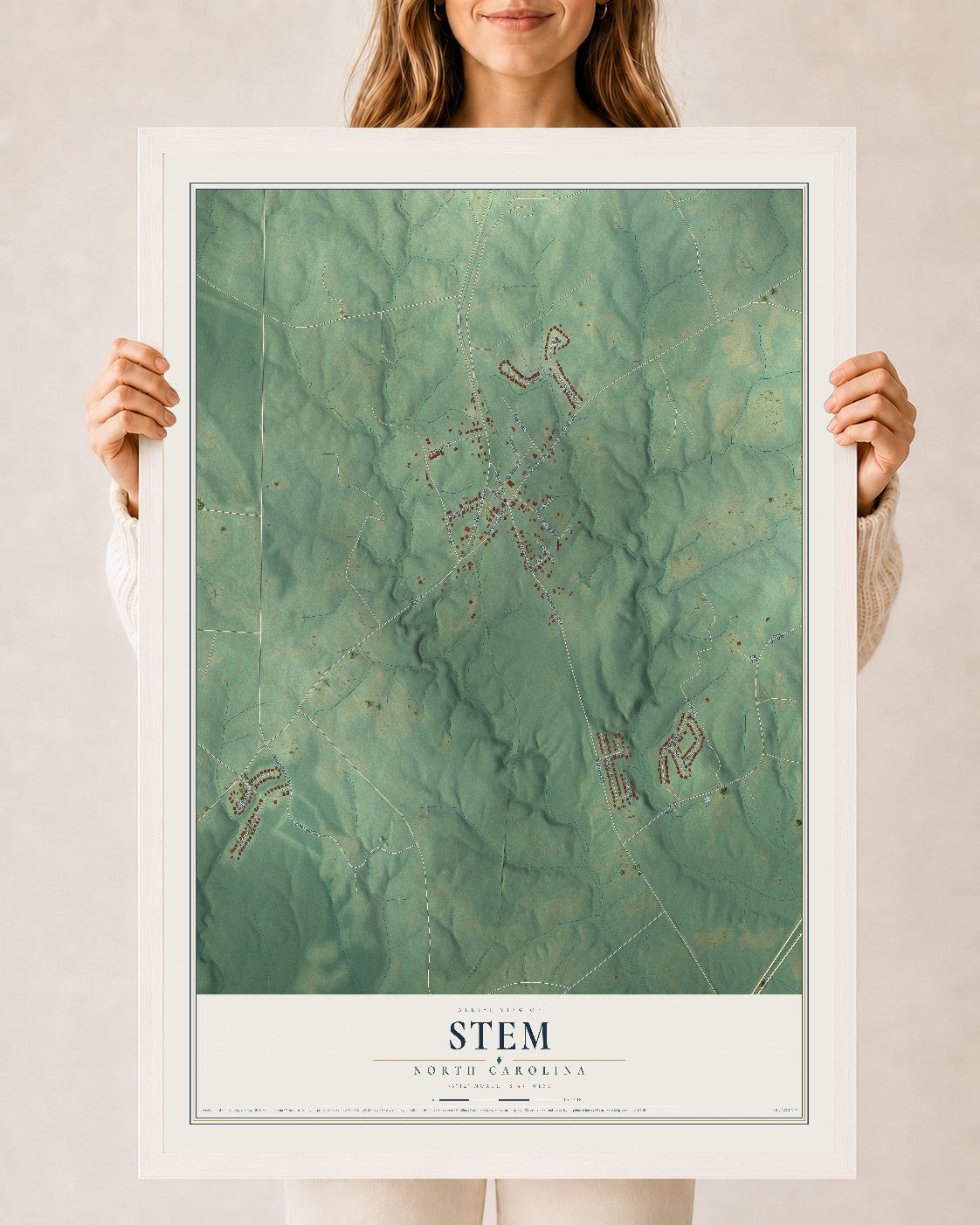 Map of Stem, North Carolina, 24 x 36 inch print in a white wood frame