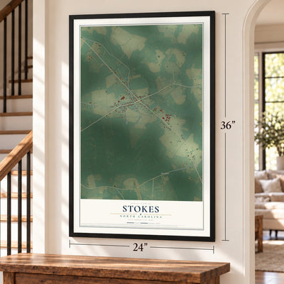 Stokes, North Carolina map, 24 x 36 inch print in a black frame by a staircase