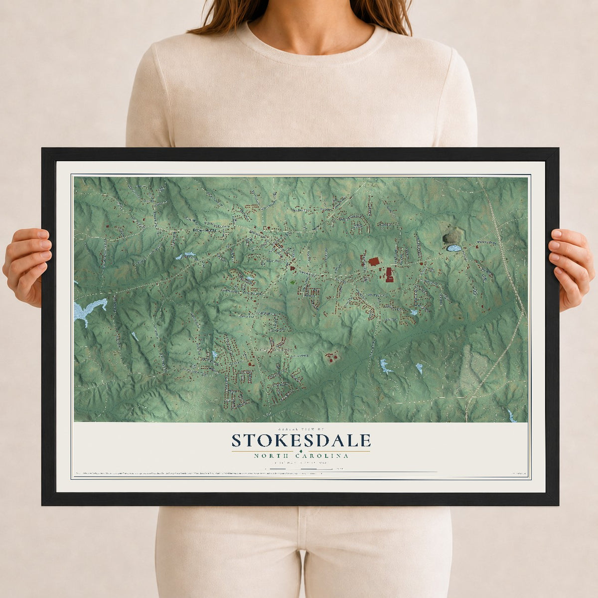 Map of Stokesdale, North Carolina, 12 x 18 inch print in a black wood frame