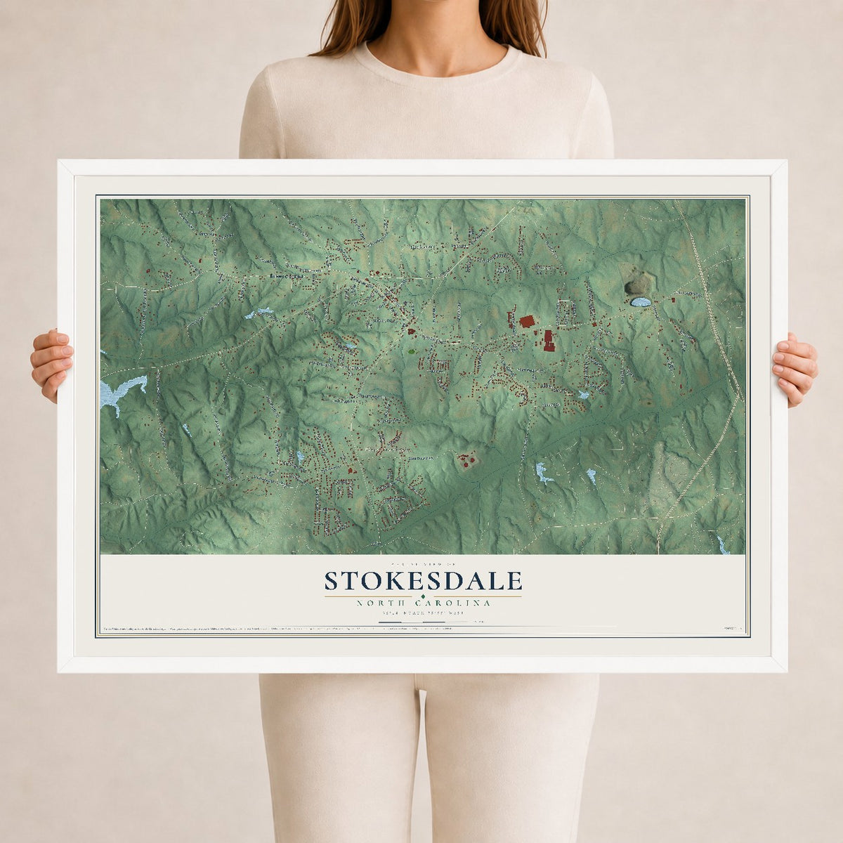 Map of Stokesdale, North Carolina, 24 x 36 inch print in a white wood frame
