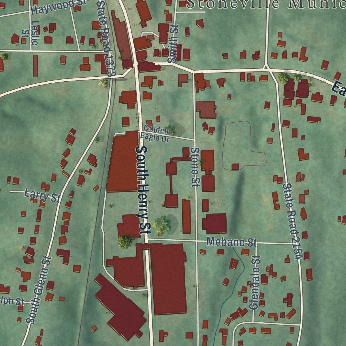 Close-up of the map of Stoneville, North Carolina print showing street and building detail