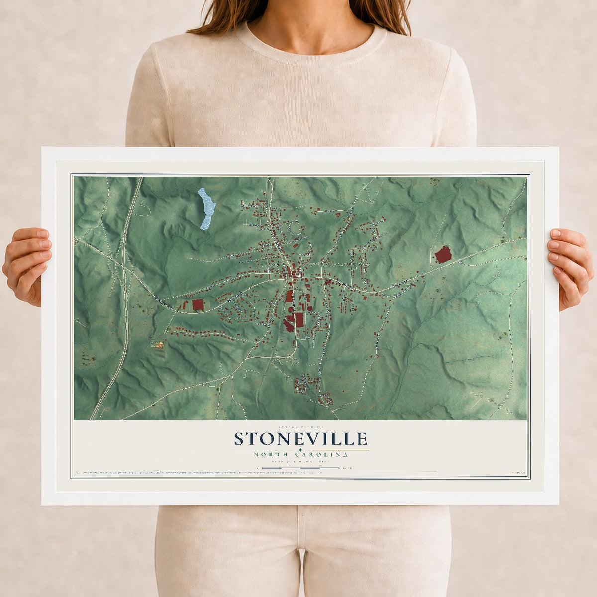 Map of Stoneville, North Carolina, 12 x 18 inch print in a white wood frame
