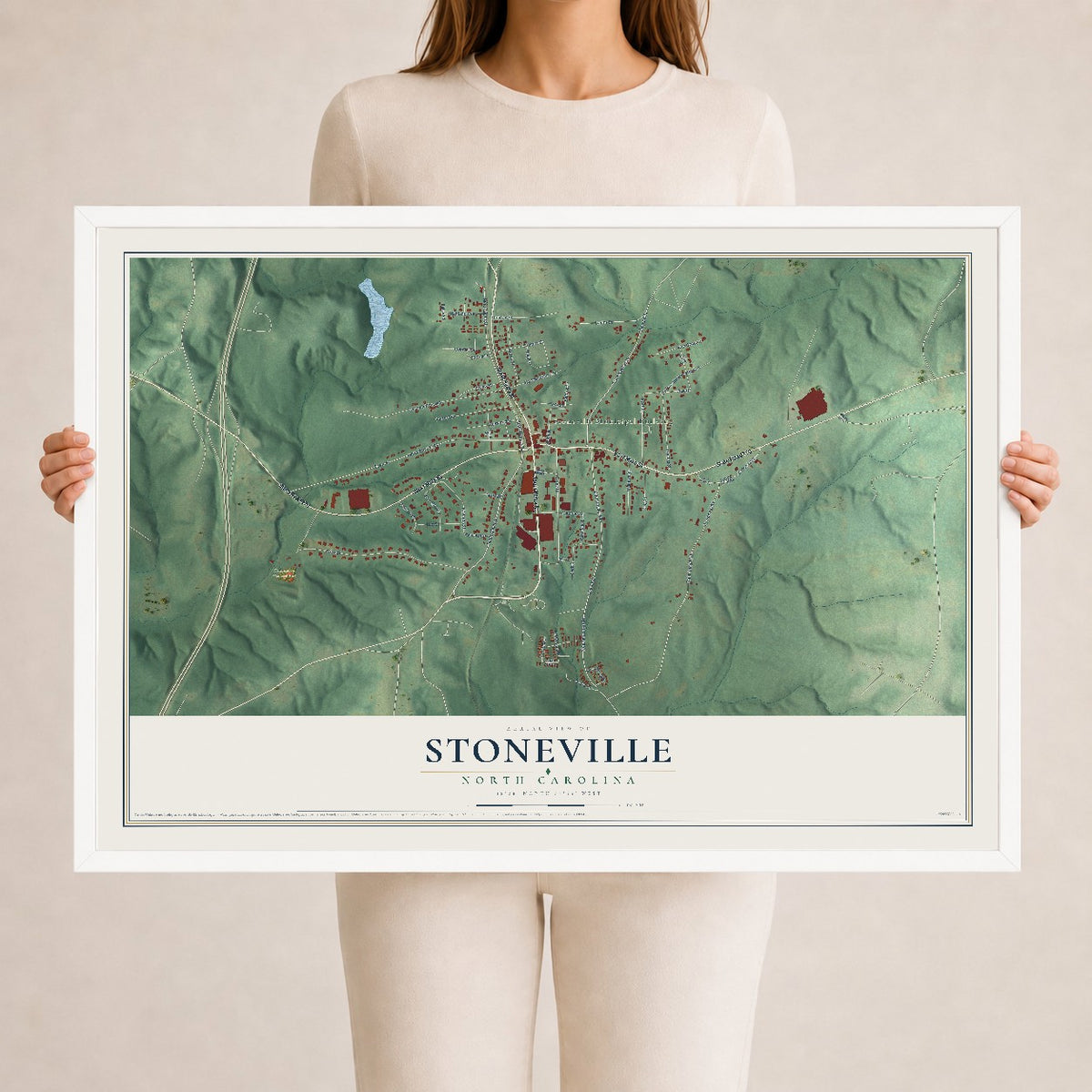 Map of Stoneville, North Carolina, 24 x 36 inch print in a white wood frame