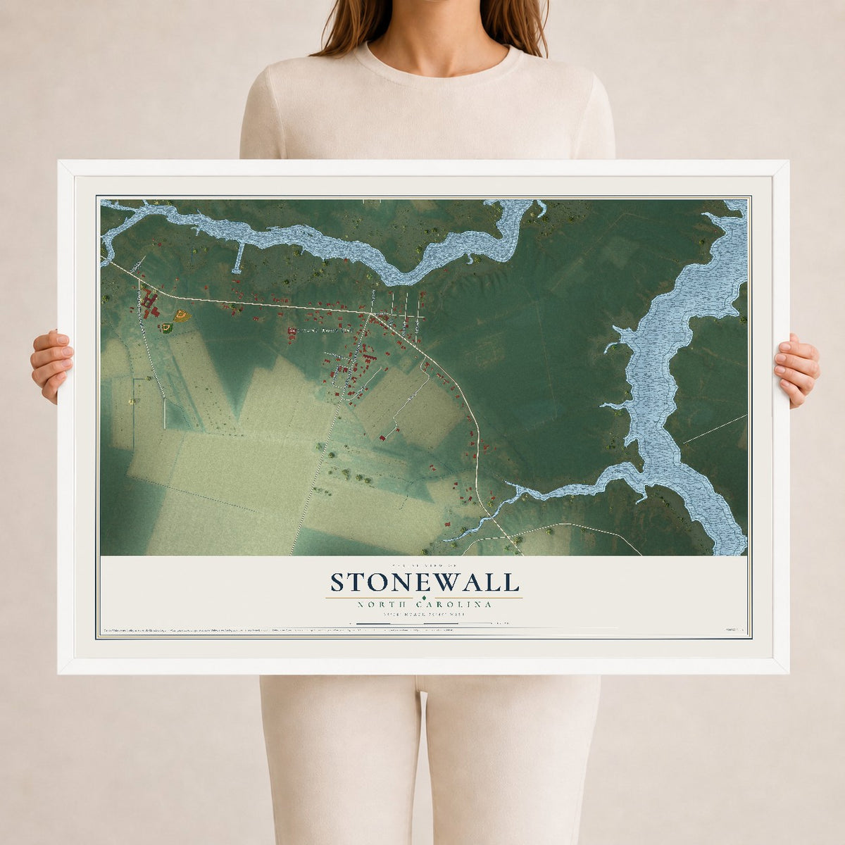 Map of Stonewall, North Carolina, 24 x 36 inch print in a white wood frame