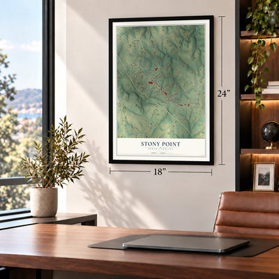 Stony Point, North Carolina map, 18 x 24 inch print in a black frame in a home office