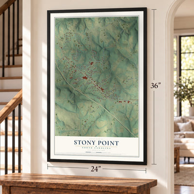 Stony Point, North Carolina map, 24 x 36 inch print in a black frame by a staircase