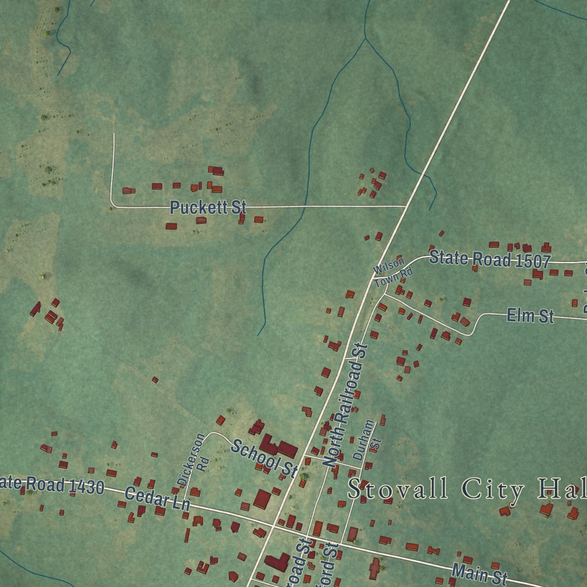 Close-up of the map of Stovall, North Carolina print showing street and building detail