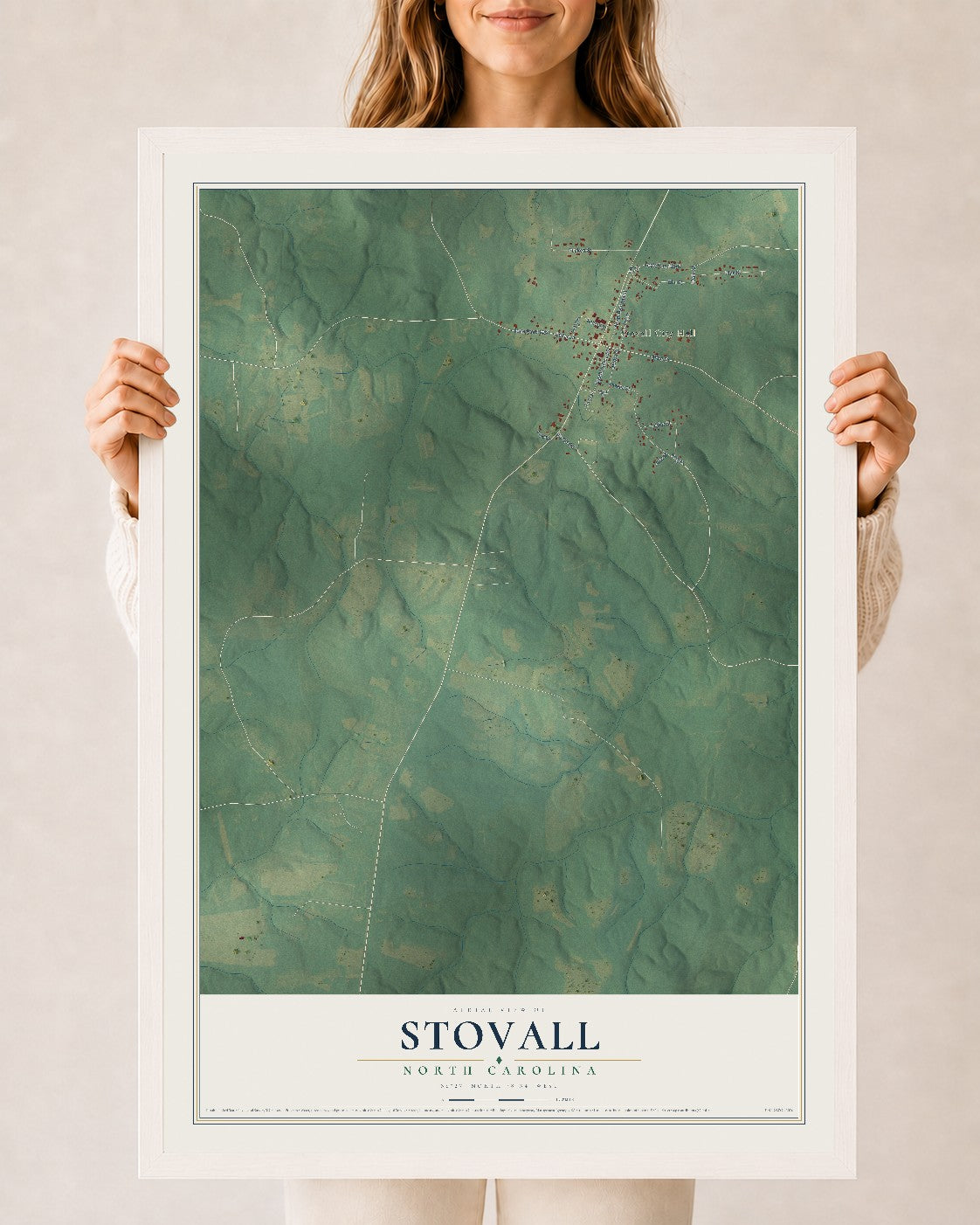 Map of Stovall, North Carolina, 24 x 36 inch print in a white wood frame