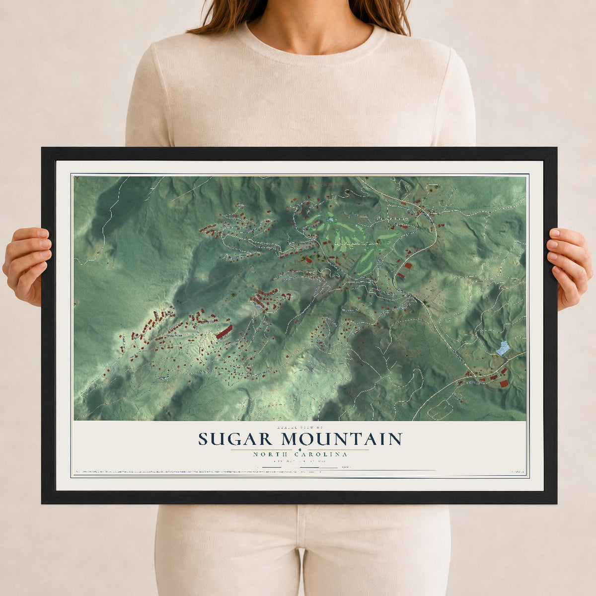 Map of Sugar Mountain, North Carolina, 12 x 18 inch print in a black wood frame