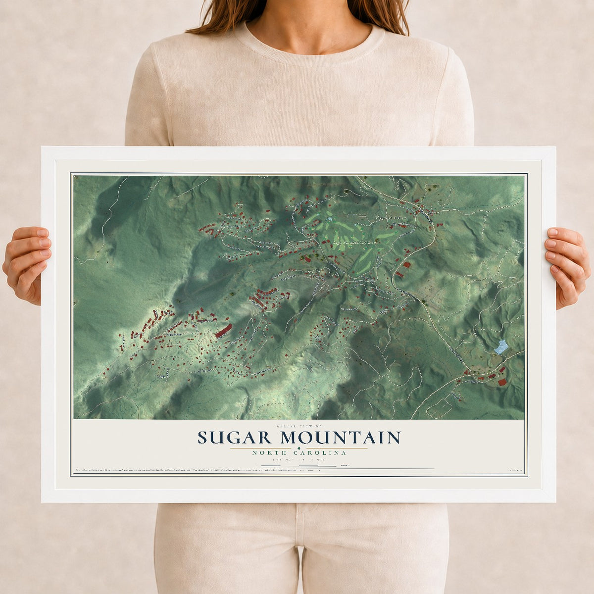 Map of Sugar Mountain, North Carolina, 12 x 18 inch print in a white wood frame