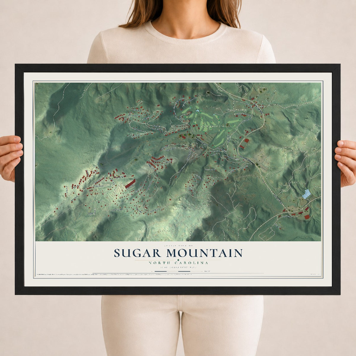 Map of Sugar Mountain, North Carolina, 18 x 24 inch print in a black wood frame