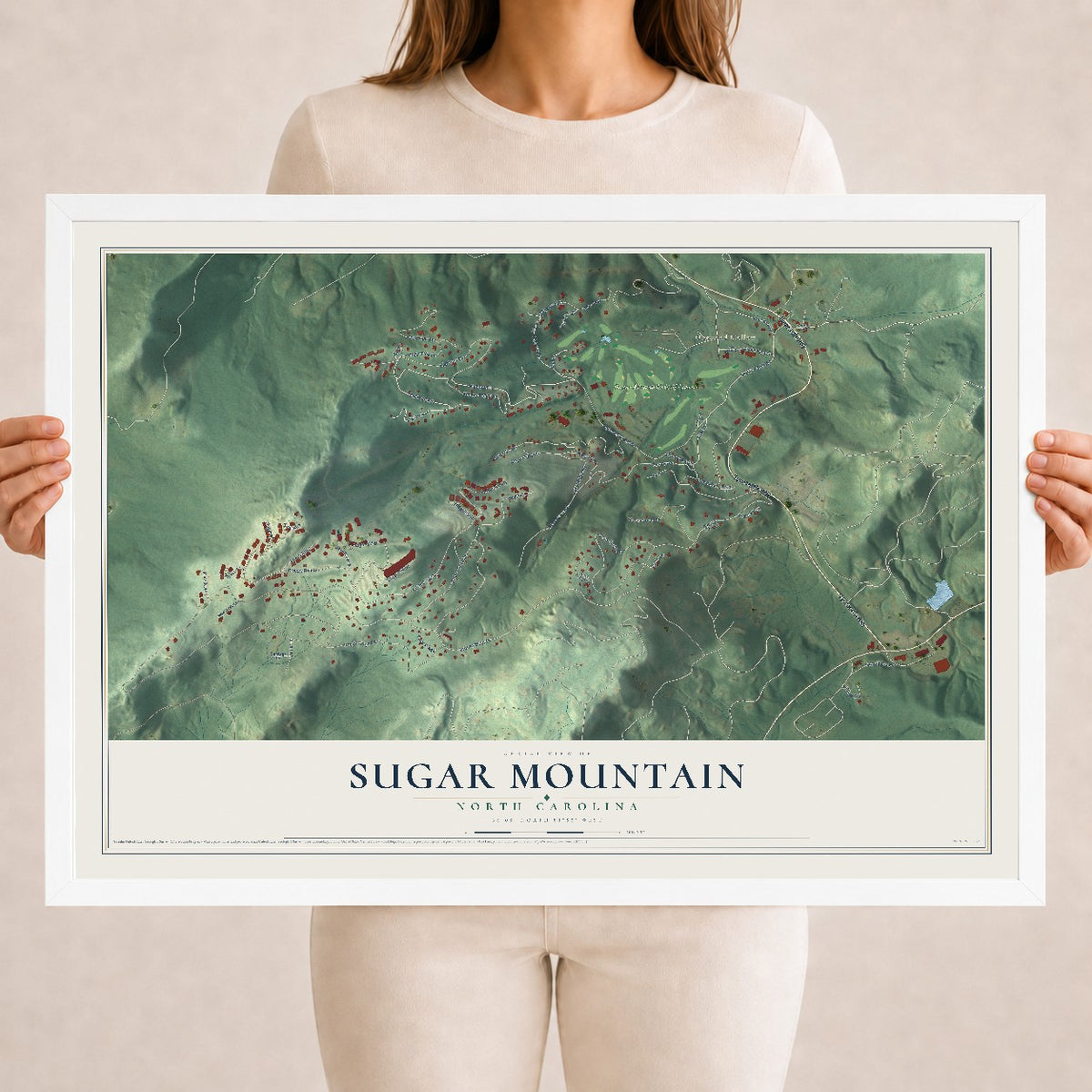 Map of Sugar Mountain, North Carolina, 18 x 24 inch print in a white wood frame