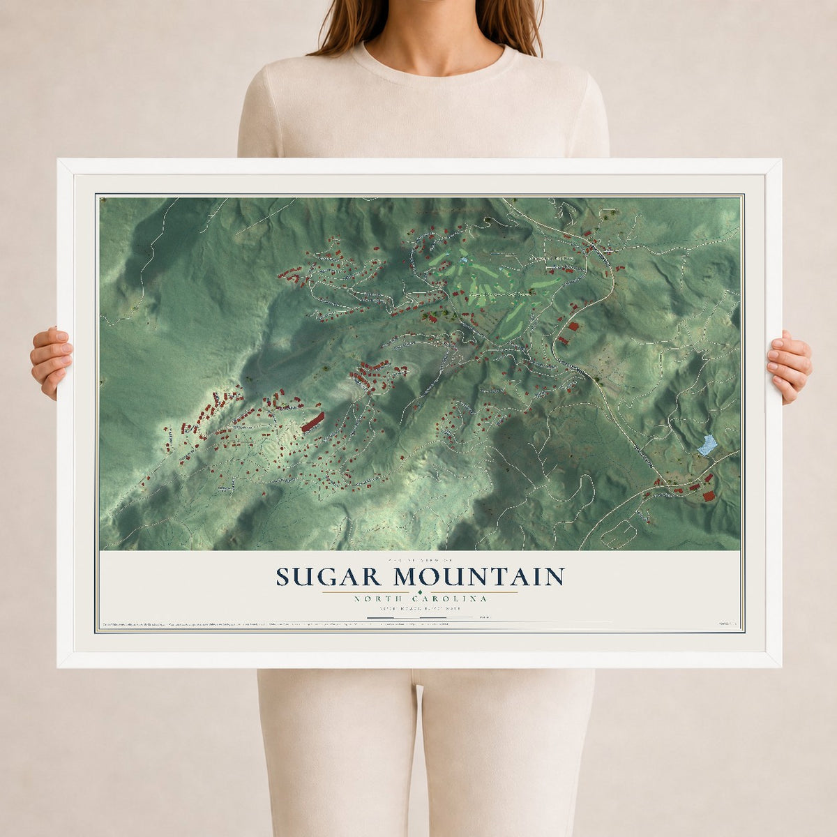 Map of Sugar Mountain, North Carolina, 24 x 36 inch print in a white wood frame