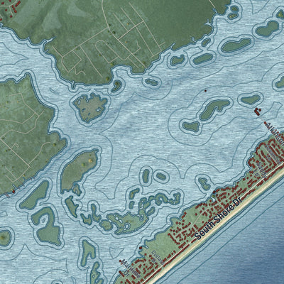 Close-up of the map of Surf City, North Carolina print showing street and building detail