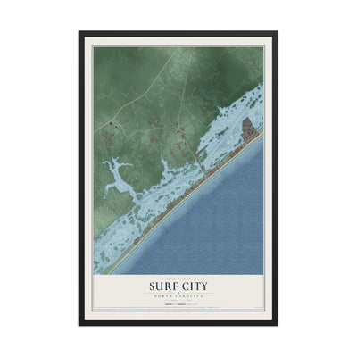 Map of Surf City, North Carolina, 12 x 18 inch print in a black wood frame