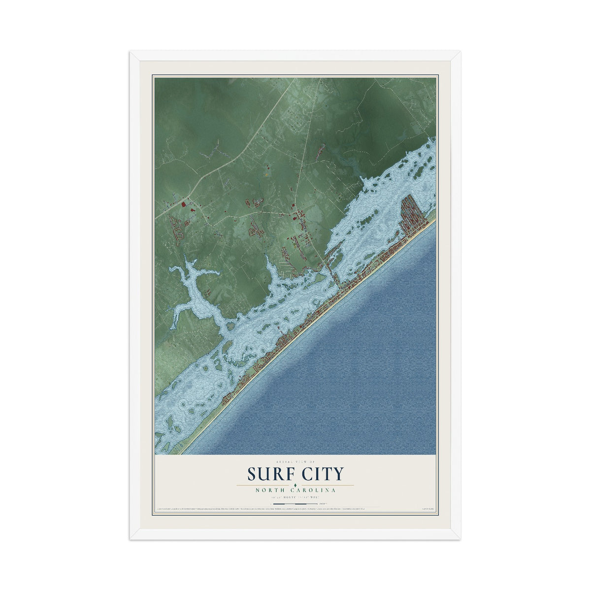 Map of Surf City, North Carolina, 12 x 18 inch print in a white wood frame