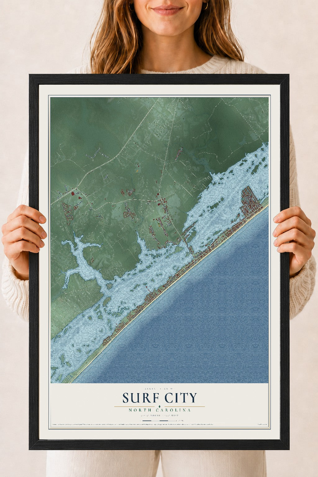 Map of Surf City, North Carolina, 18 x 24 inch print in a black wood frame