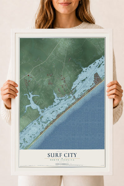 Map of Surf City, North Carolina, 18 x 24 inch print in a white wood frame