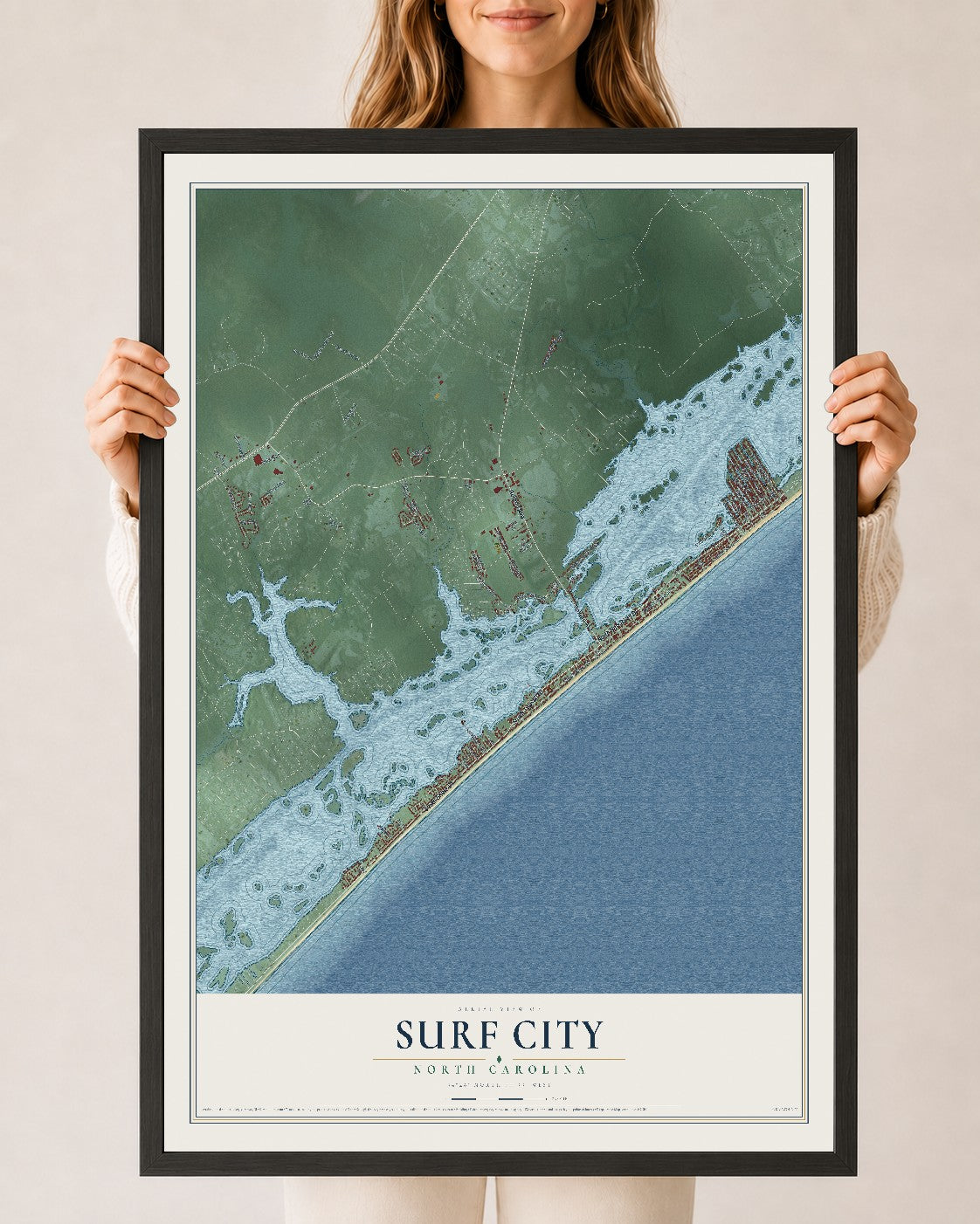 Map of Surf City, North Carolina, 24 x 36 inch print in a black wood frame