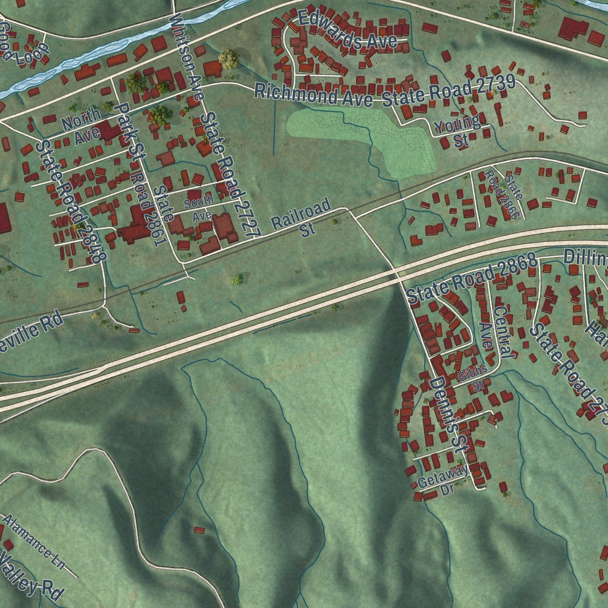 Close-up of the map of Swannanoa, North Carolina print showing street and building detail