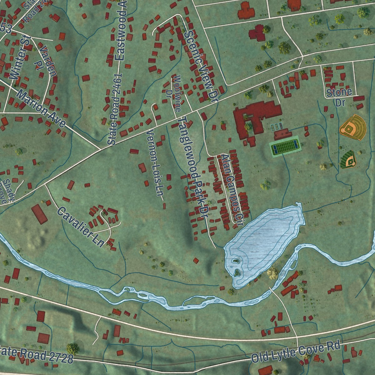 Second close-up of the map of Swannanoa, North Carolina print showing more streets and buildings