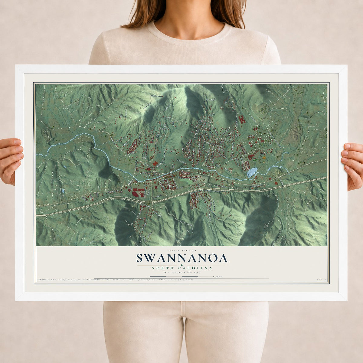 Map of Swannanoa, North Carolina, 18 x 24 inch print in a white wood frame