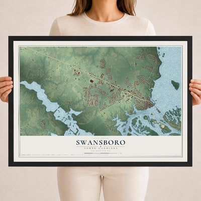 Map of Swansboro, North Carolina, 18 x 24 inch print in a black wood frame
