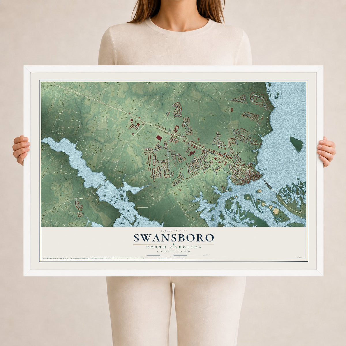 Map of Swansboro, North Carolina, 24 x 36 inch print in a white wood frame