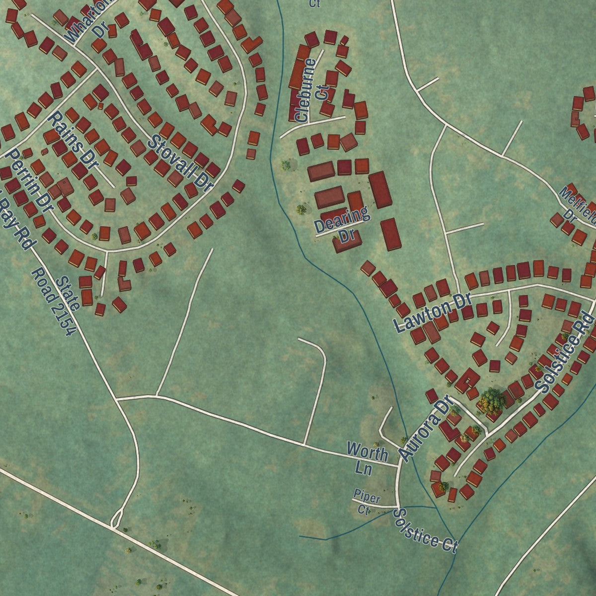 Second close-up of the map of Swepsonville, North Carolina print showing more streets and buildings